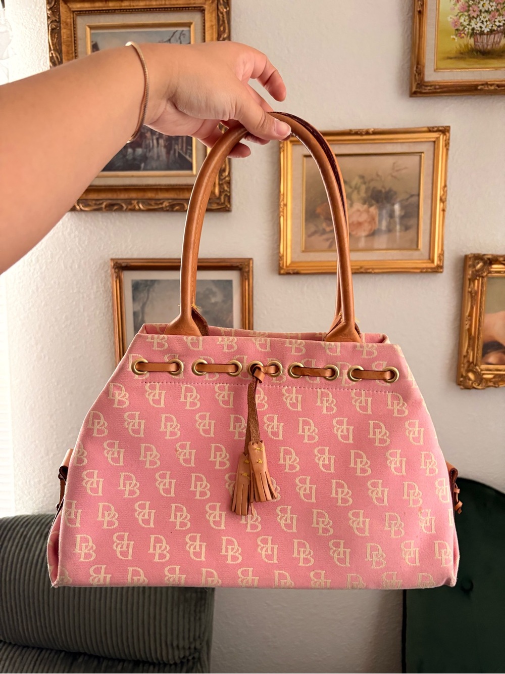 Dooney & Bourke Pink Logo Satchel with Tan Leather Handles